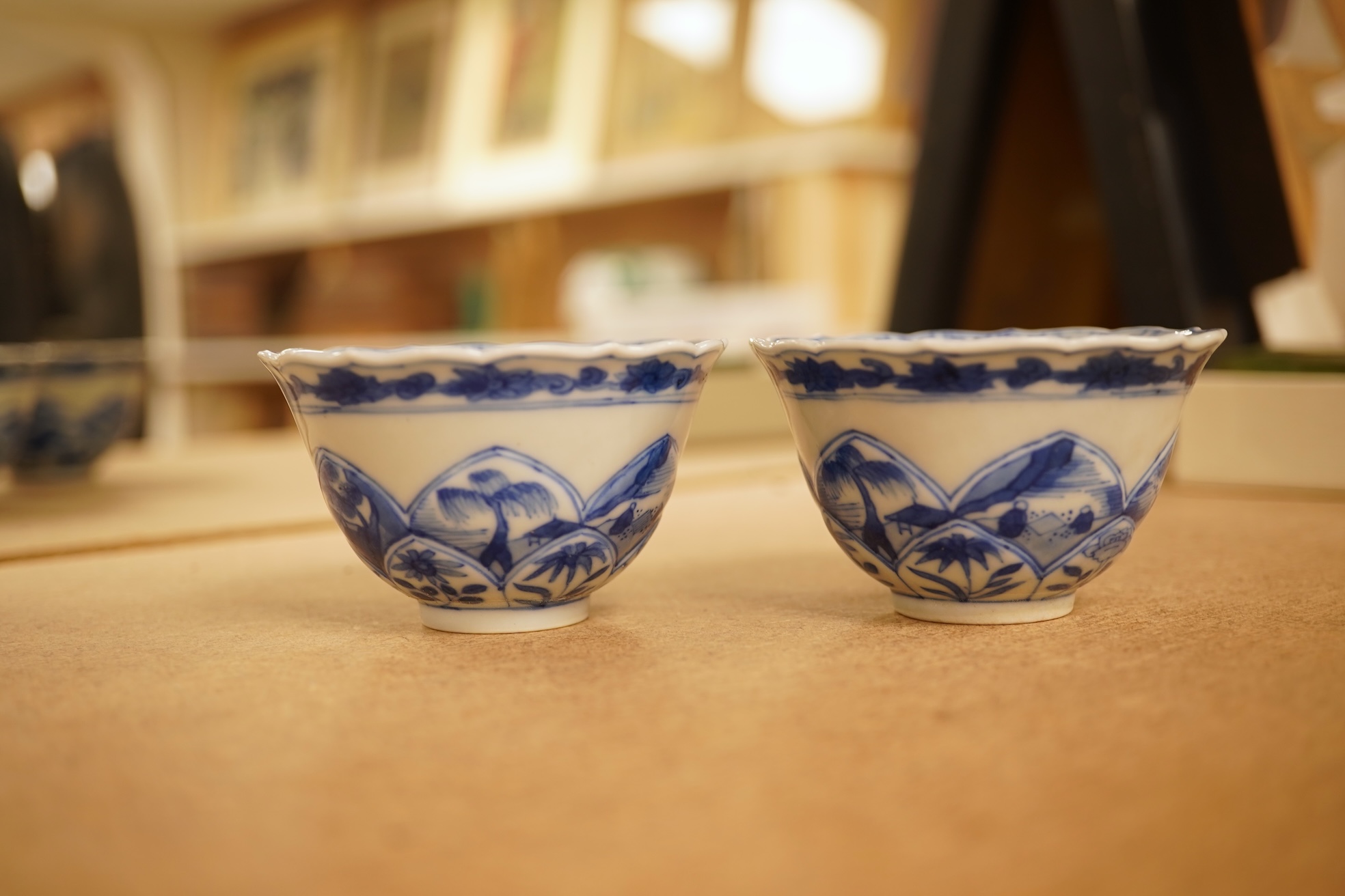 Two Chinese blue and white tea bowls and saucers, saucer 10cm diameter.